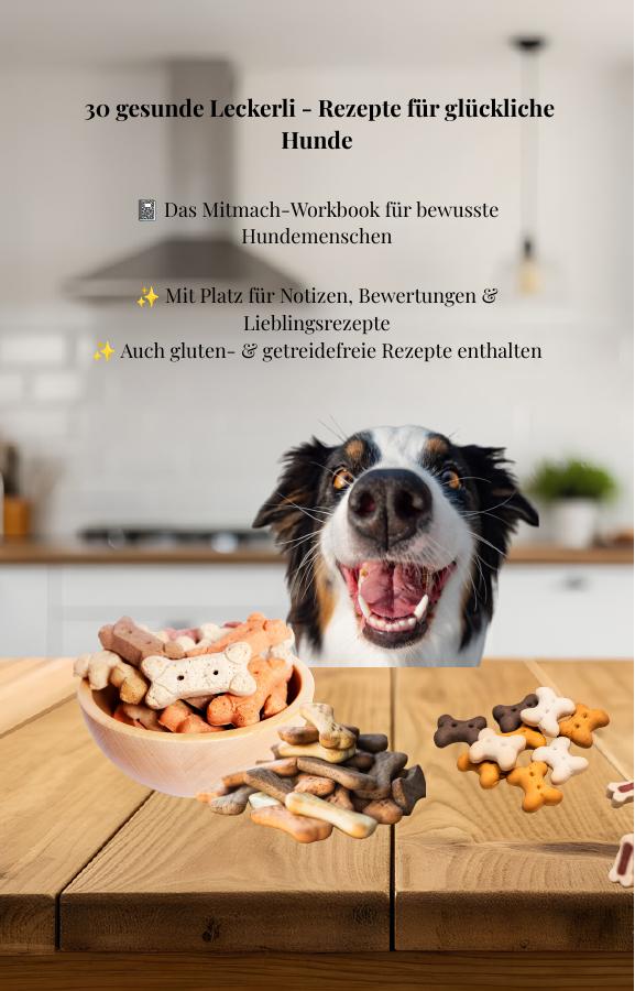 Cover des Leckerli-Workbooks mit einem Hund und verschiedenen Hundeleckerlis